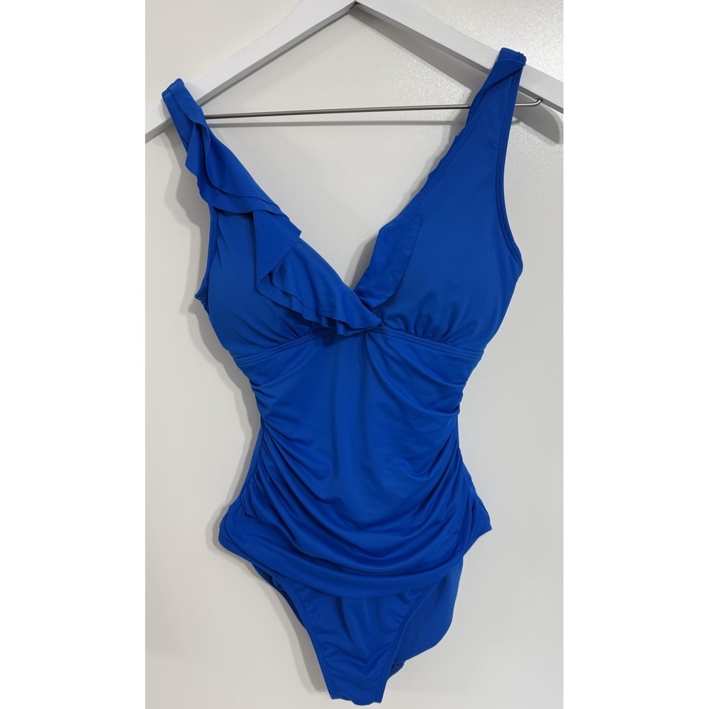 LAUREN RALPH LAUREN‎ Royal Blue Crossover Ruffle One Piece Swimsuit 6 Underwire